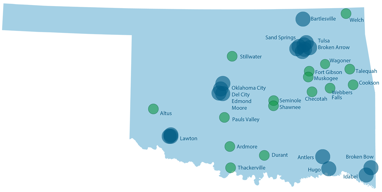 Map of Oklahoma showing communities served by OECP